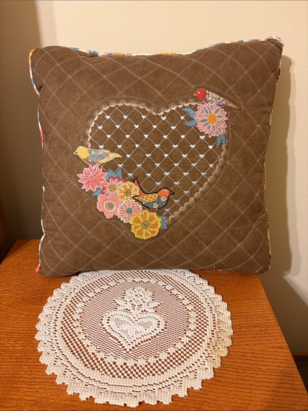 Hand Crafted Embroidered Heart & Bird Brown Quilted Throw Pillow